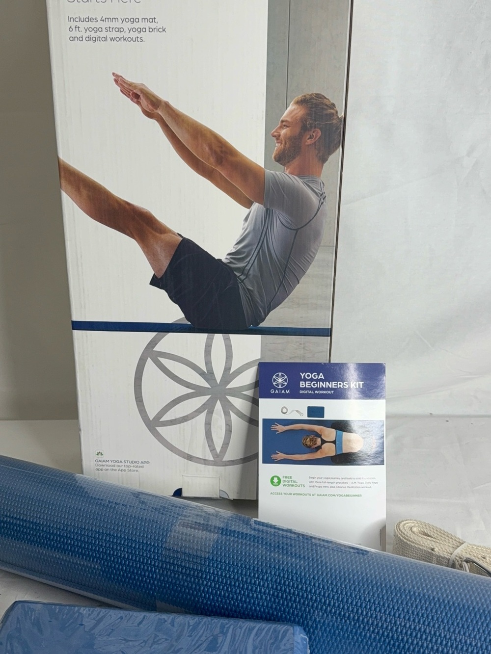 Gaiam Yoga Beginners Kit Blue 4mm Mat, 6 ft Strap, Brick, Digital workouts